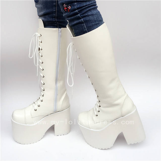 Beautiful White Matte Lace-up Knee Lolita High Boots