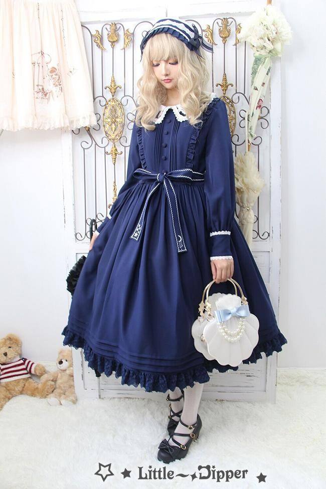 Little Dipper  ~Cat + Moon + Stars~ Embroidery Lolita Long Sleeves OP Dress - Ready Made
