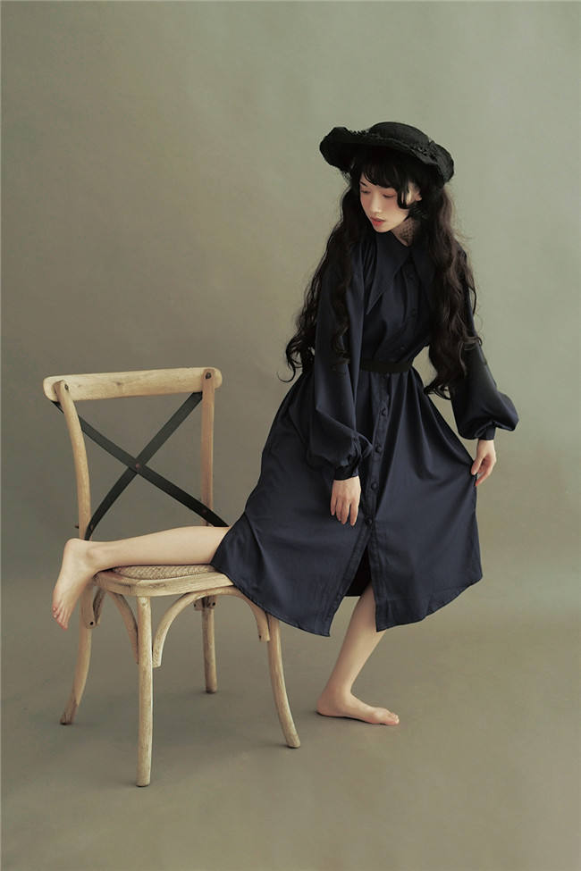 Vintage Unicolor Wing Collar Lolita OP Dress - Ready Made Navy M In Stock