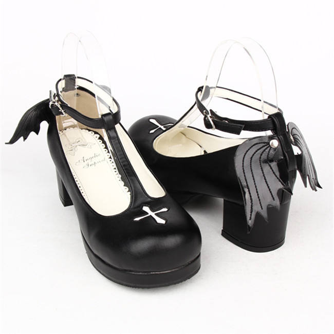 Angelic Imprint- Sweet T-shaped Straps Lolita Square Heel Shoes with Detachable Angel Wings
