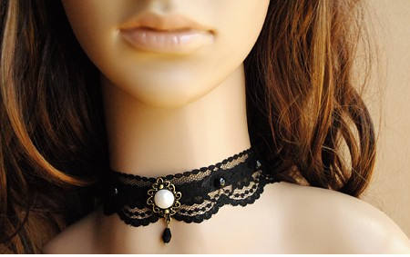 Romantic Black Lace Bowknot Pearl Lolita Choker