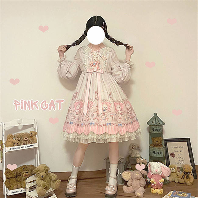 Alice Girl ~The Kitty's Tea Party Sweet Lolita OP/Salopette -Pre-order Pink Size S - In Stock