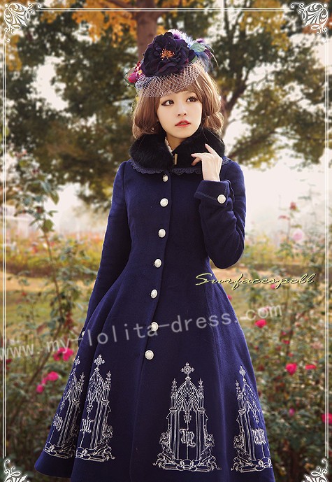 Elegant Gold Silver Embroidery Wool Lolita Winter Long Coat