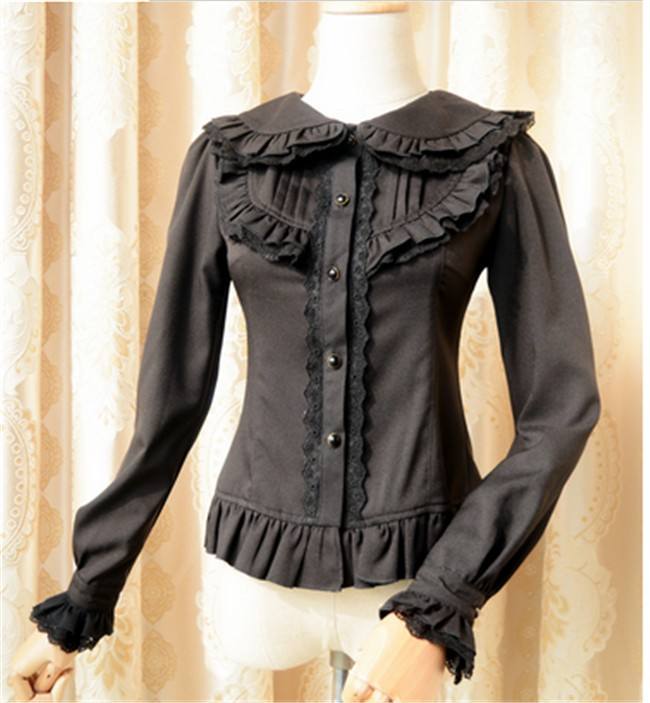Elegant Cambric Chiffon Long Sleeves Lolita Blouse Black Size XL In Stock