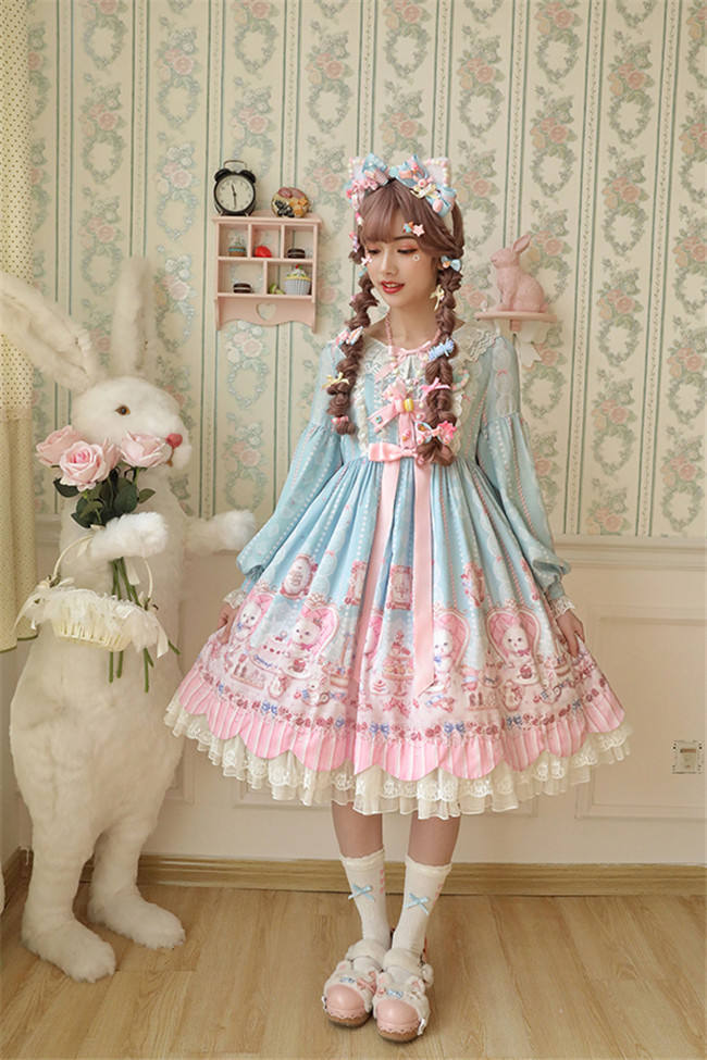 Alice Girl ~The Kitty's Tea Party Sweet Lolita OP/Salopette -Pre-order Pink Size S - In Stock