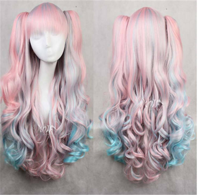Pink to Blue Gradient Cosplay Long Curls Wig with Two Detachable Ponytails