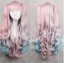 Pink to Blue Gradient Cosplay Long Curls Wig with Two Detachable Ponytails