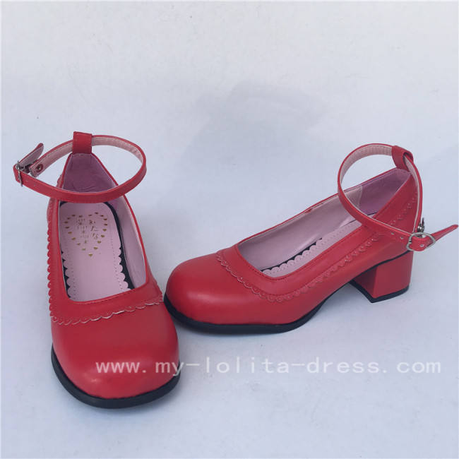 Elegant Red Matte Lolita Square Heels Shoes