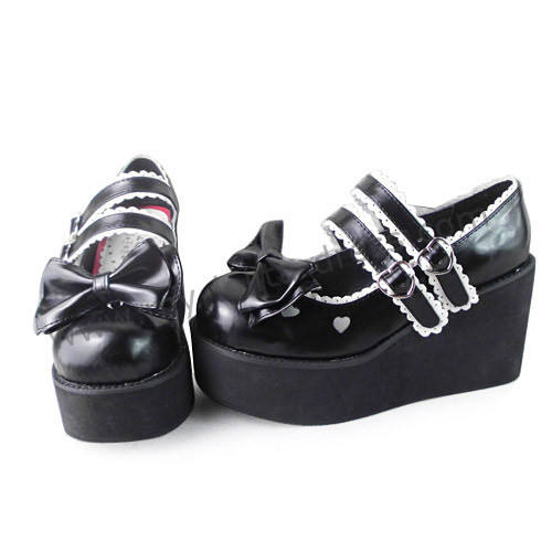 Black Top Bow Lolita Shoes White Trim