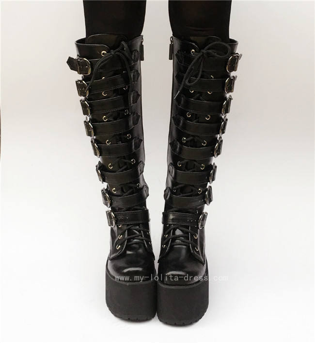 Matte Black Belts Goth Punk Lolita Boots