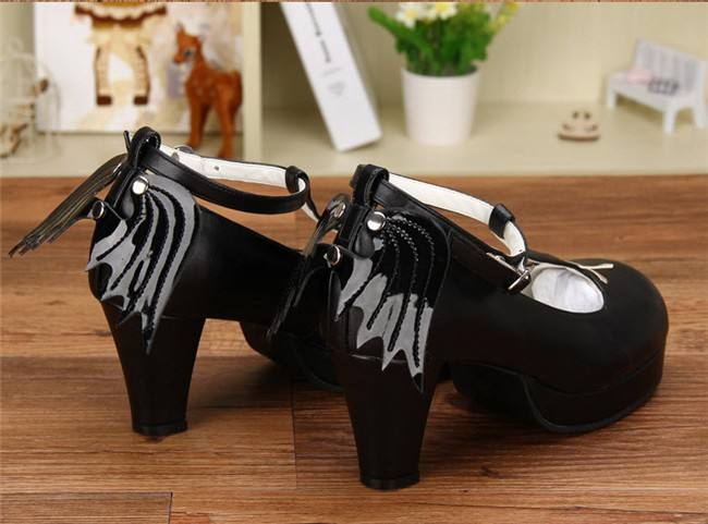 Angelic Imprint- Gothic T-shaped Straps Lolita Heels Shoes with Detachable Angel Wings