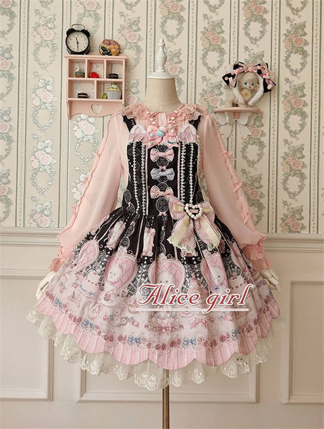 Alice Girl ~The Kitty's Tea Party Sweet Lolita OP/Salopette -Pre-order Pink Size S - In Stock