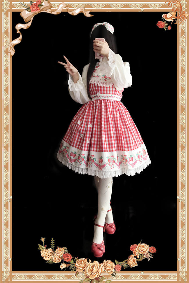 Strawberry Gingham Pure Cotton Lolita JSK Dress +Headbow