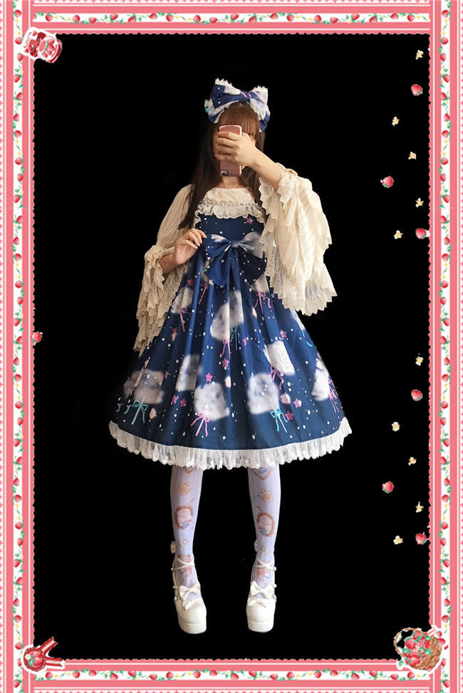 Rainbow Marshmallow~ Sweet Lolita Printed JSK Navy Blue Size S - In Stock