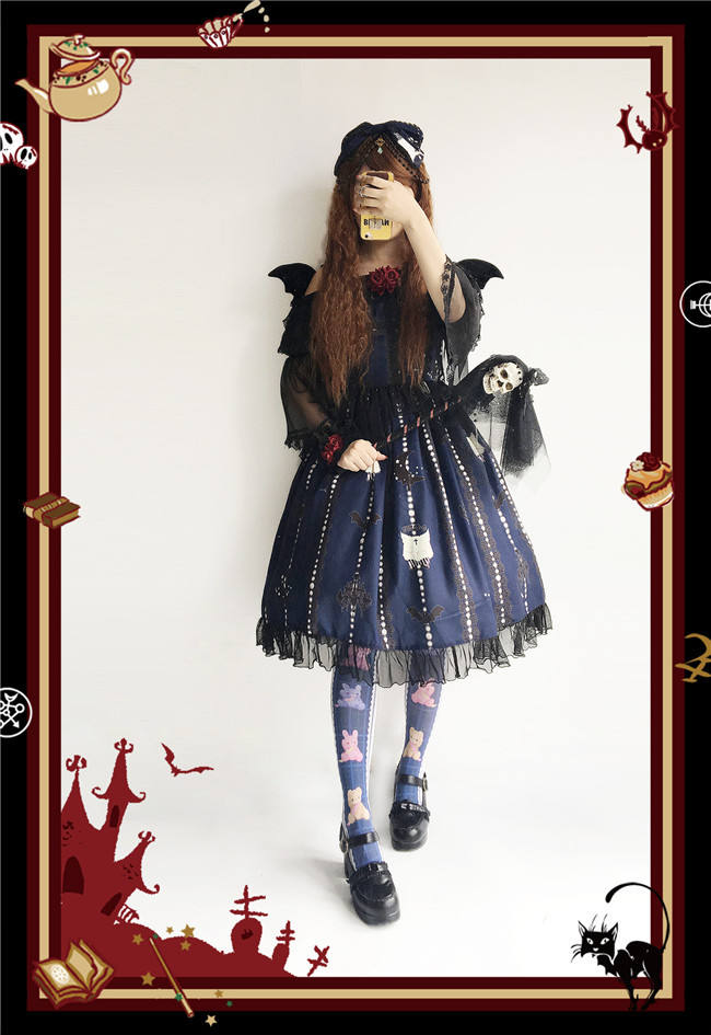 The Cat Cross~ Halloween Lolita JSK Dress + Headbow Navy Blue Size M - In Stock