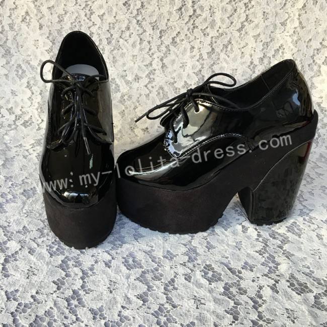 Glossy Black Lolita Square Heels High Platform