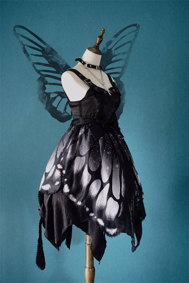 Butterfly Effect ~Punk Halloween Lolita High Waist JSK - Blue Green Short Version Size S - In Stock