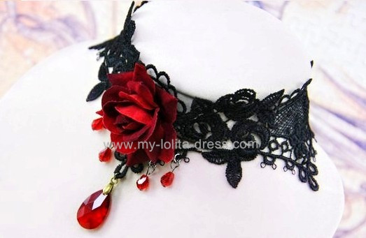 Choker Necklace Red Rose and Vintage Black Lace - $8.00