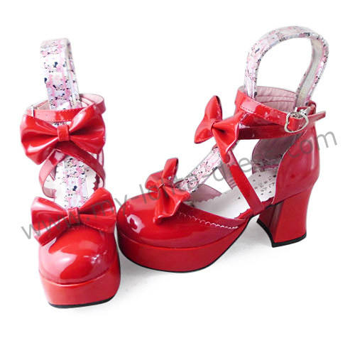 Shiny Red Double Bows Lolita Sandals