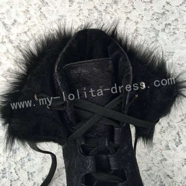 Gothic Black Velvet Lolita Short Boots with Lace and Furs