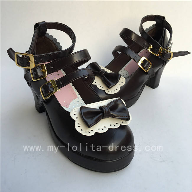 Sweet Coffee with White Bow Straps Lolita Heel Shoes