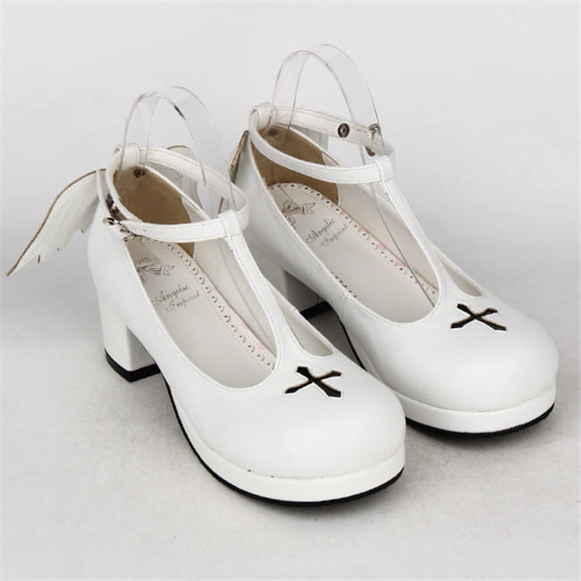Angelic Imprint- Sweet T-shaped Straps Lolita Square Heel Shoes with Detachable Angel Wings