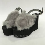 Black High Platform Lolita Shoes with Grey Imitate Bunny Furs O