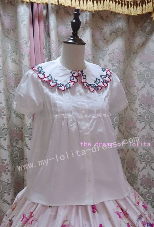 Sweet White Strawberry Embroidery Babydoll Lolita Shirt -out