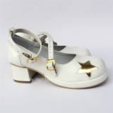 White Real Leather Lolita Shoes with Moon & Star Pattern