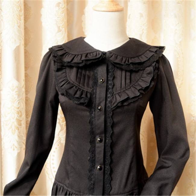 Elegant Cambric Chiffon Long Sleeves Lolita Blouse Black Size XL In Stock
