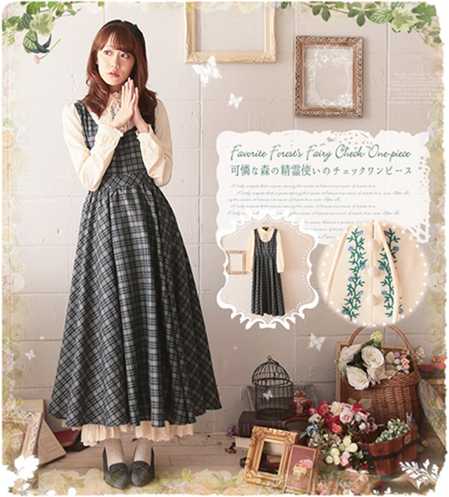 Mori Girl~ Vingtage Gingham Lolita Long Sleeves OP$34.99-Lolita Dresses