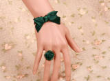 Black Lace Green Bow Lolita Bracelet with A Green Flower Ring