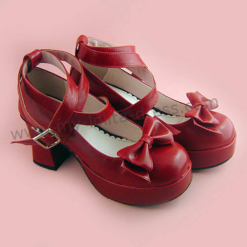 Wine Red 3 Straps Bow Lolita Shoes