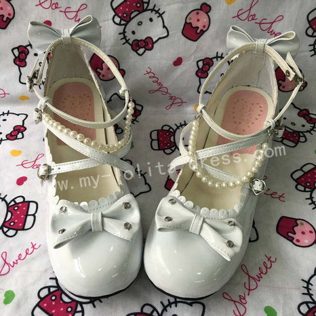 Sweet Black Beads Bows Lolita Shoes Flats Tea Party Heels