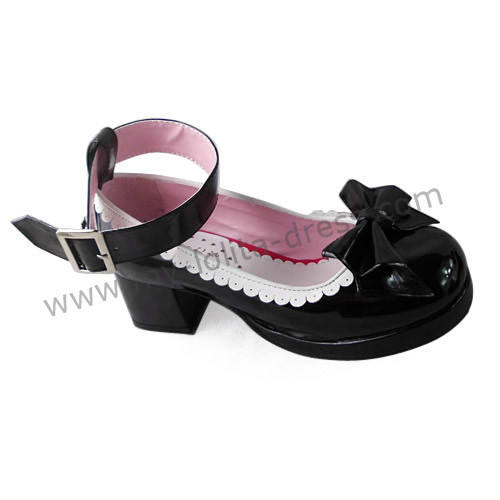 Glossy Black Princess Shoes White Trim