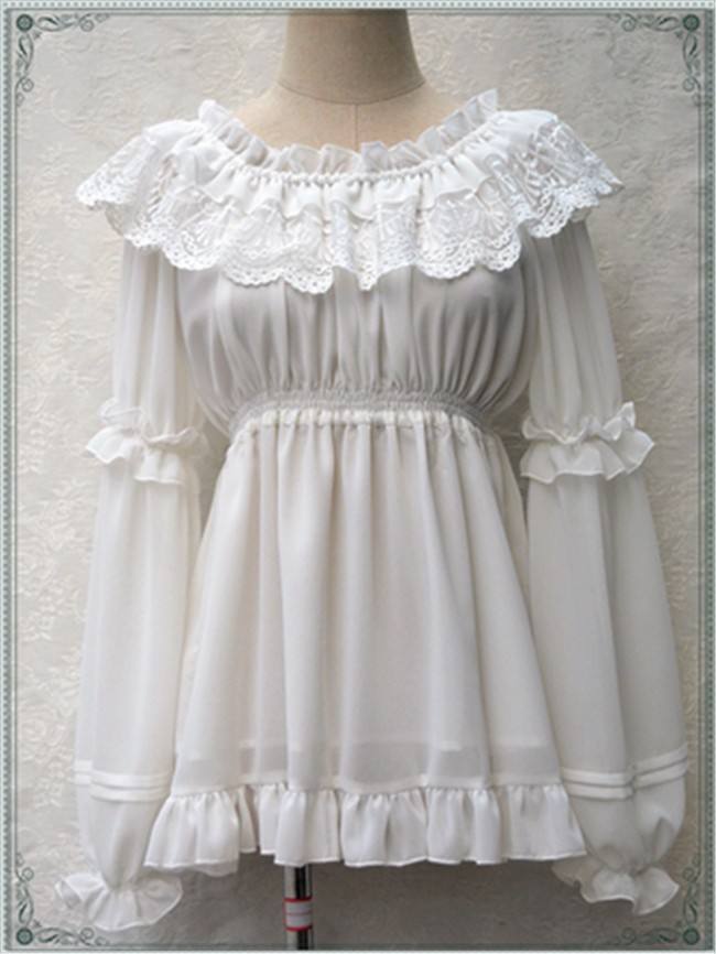 Sweet Lace Chiffon Long Sleeves Round Collar Lolita Blouse White Average
