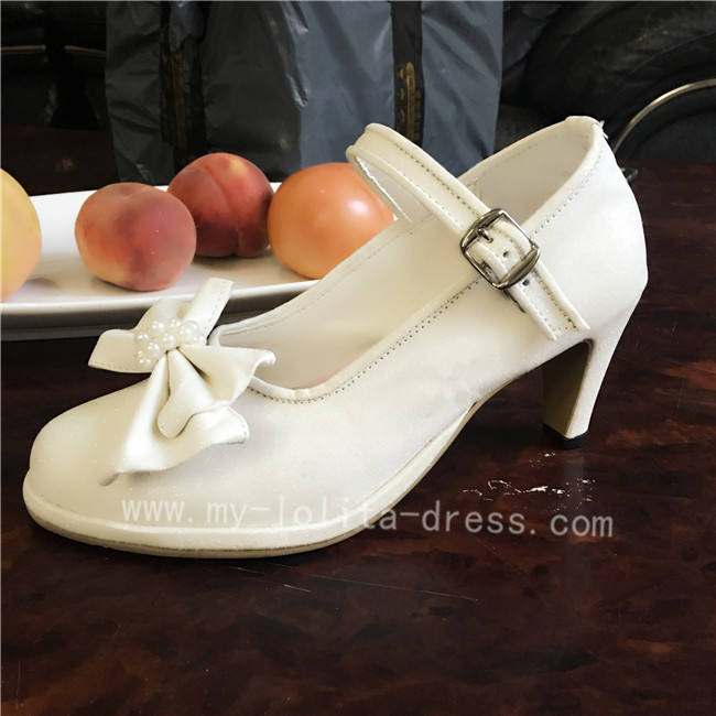 Elegant White Bow Pearls Lolita Heels Shoes