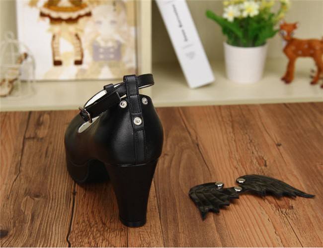 Angelic Imprint- Gothic T-shaped Straps Lolita Heels Shoes with Detachable Angel Wings