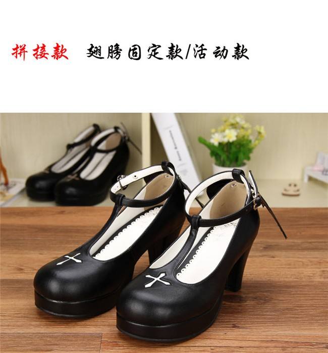 Angelic Imprint- Gothic T-shaped Straps Lolita Heels Shoes with Detachable Angel Wings