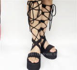 Unique High Platform Black Velvet Lace-up Lolita Sandals