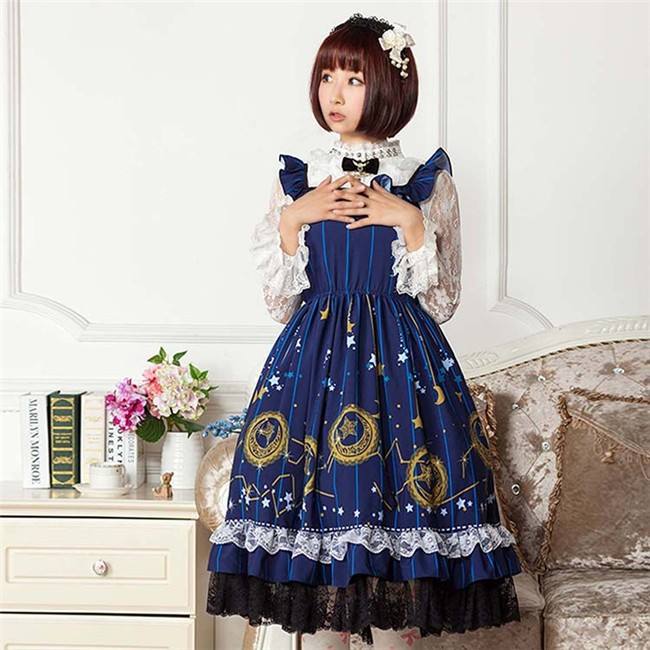 Vintage Dark Blue Stars & Moons Printed Lolita JSK