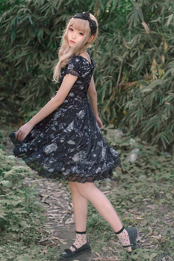 Lemon Honey ~Bear Constellation~ Fly Sleeves Printed Lolita JSK Black M In Stock