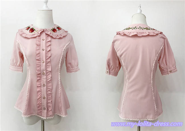 A Small Strawberry~Embroidered Short Sleeves Lolita Blouse -Ready made