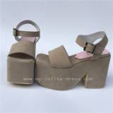 Beautiful Camel Velvet Square Heels Lolita Sandals