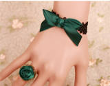 Black Lace Green Bow Lolita Bracelet with A Green Flower Ring