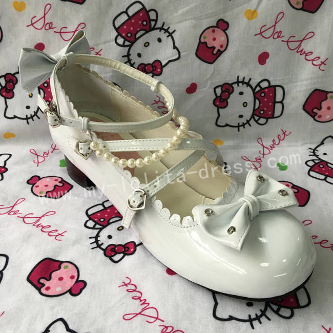 Sweet Black Beads Bows Lolita Shoes Flats Tea Party Heels