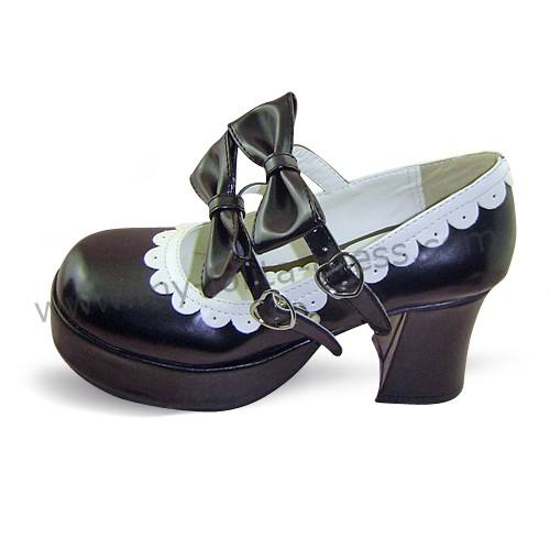 Black High Heels Lolita Shoes White Trim