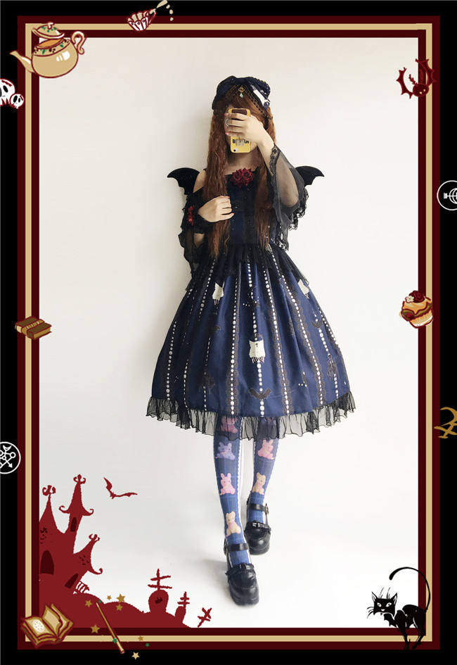 The Cat Cross~ Halloween Lolita JSK Dress + Headbow Navy Blue Size M - In Stock
