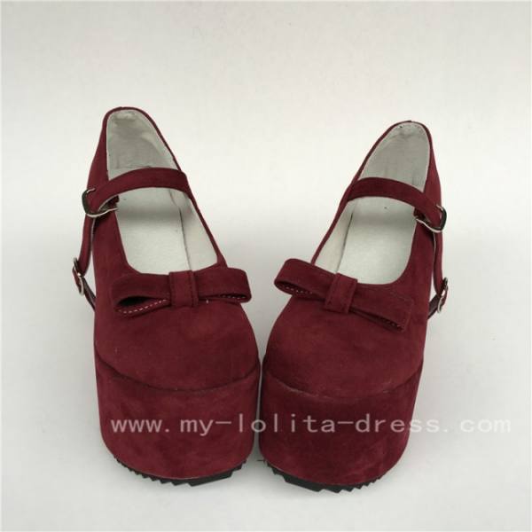 Wine velvet Single Strap Lolita High Platform Shoes with Bows