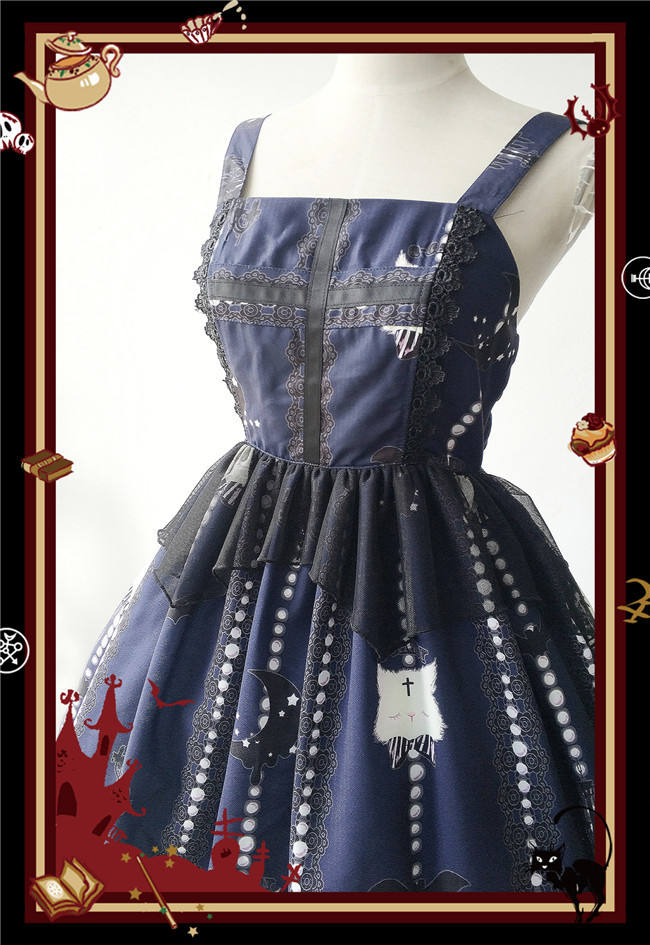 The Cat Cross~ Halloween Lolita JSK Dress + Headbow Navy Blue Size M - In Stock
